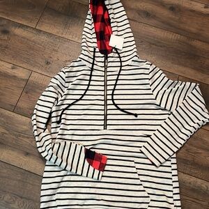 Striped Black and White Hoodie with Red Accents